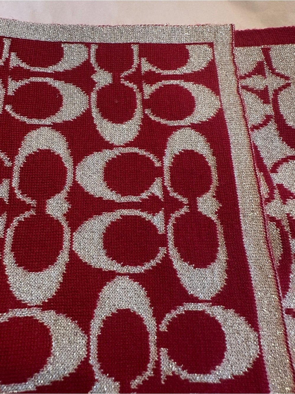 Coach Metallic Silver and Red Signature Logo Scarf - Picture 3 of 3